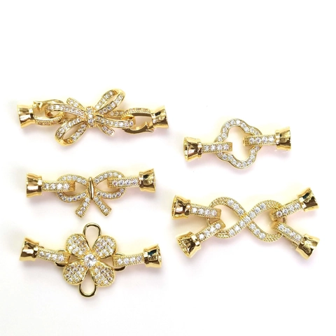 Copper Gold Plated Zirconia Bow Flower Clover Jewelry Clasp For DIY Necklace Sweater Chain Connection Artificial Pearl Clasp Only