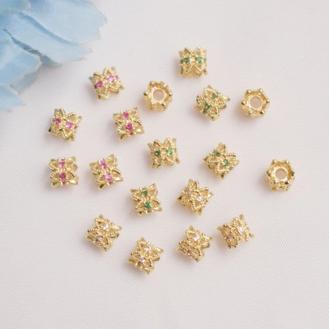 14K Gold Plated Copper Zircon Inlaid Hollow Flower Spacer Beads DIY Necklace Bracelet Jewelry Making Findings Accessories