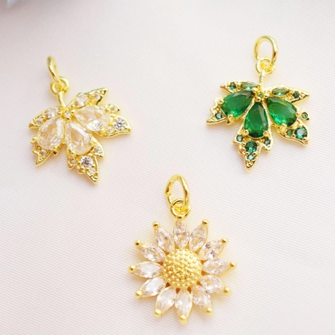 14K Gold Plated Copper Maple Leaf Sunflower Pendants Zirconia Inlaid Jewelry Findings For DIY Earrings Necklace Making