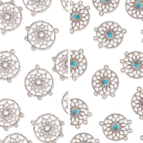 Bohemian Alloy Dreamcatcher Charms Vintage Silver Hollow Web Floral Pendants Blue Beads For DIY Jewelry Necklace Earrings