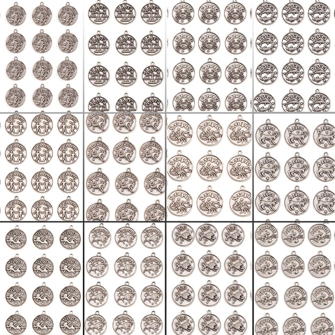 12 Zodiac Signs Antique Silver Zinc Alloy Charms Round Coins Relief Pendants For DIY Jewelry Making Necklaces Bracelets Accessories
