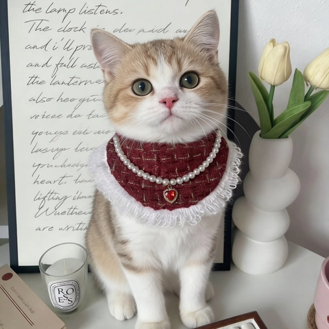 Pet Scarf Bib Collar With Red Heart Pendant Tweed Lace Polyester Artificial Pearl Dog Cat Neckwear For Party Birthday Wedding