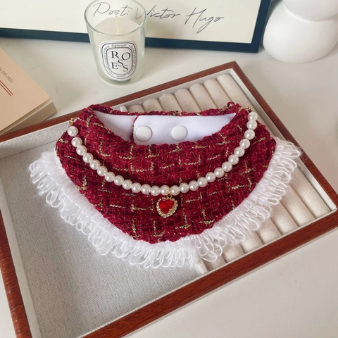 Pet Scarf Bib Collar With Red Heart Pendant Tweed Lace Polyester Artificial Pearl Dog Cat Neckwear For Party Birthday Wedding