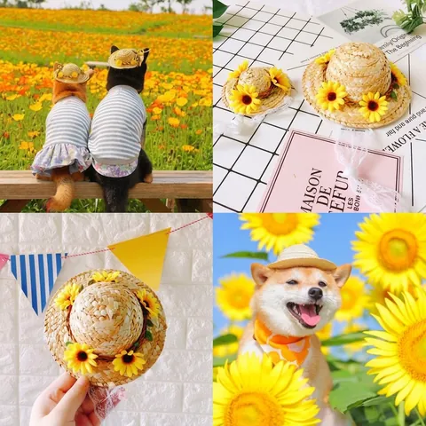 Süßer Ländlicher Haustier Strohhut Blumiges Hund Katze Sonnenhut Polyester Gewebtes Haustier Zubehör Für Kleine Hunde Katzen Fotorequisiten