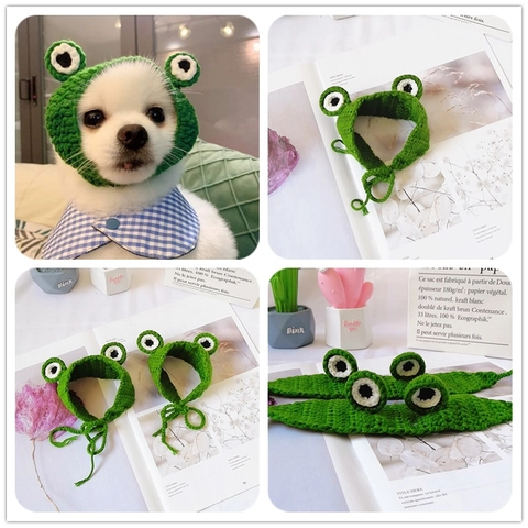 Divertido Sombrero de Rana para Mascotas Ganchillo Algodón Tejido Gorro Lindo Disfraz de Animal Verde para Gatos Perros Cosplay