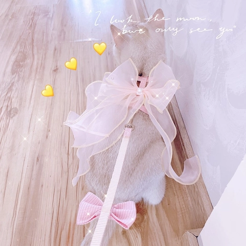 Adjustable Fairy Princess Cat Harness And Leash With Large Organza Bow Flower Pearl Decor For Small Dogs Cats Kitten