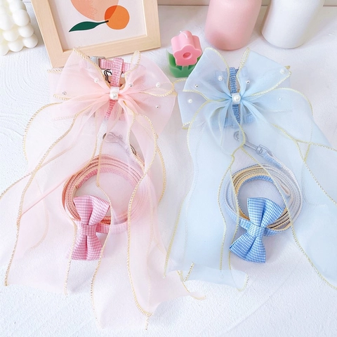 Adjustable Fairy Princess Cat Harness And Leash With Large Organza Bow Flower Pearl Decor For Small Dogs Cats Kitten