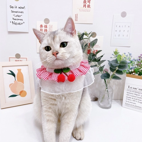 Süßes Karo-Spitzen-Haustier-Lätzchen Mit Kirschdekor Verstellbares Hunde-Katzen-Speicheltuch Süßes Pastoral-Stil Haustierhalsband