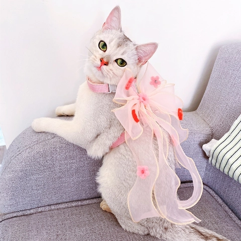 Set Pettorina E Guinzaglio Per Animali Domestici Con Grande Fiocco In Organza Per Gatti Cani Piccoli Dolce Fata Plaid Regolabile