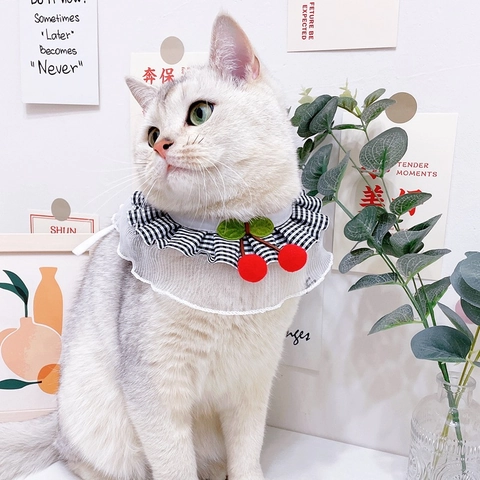 Süßes Karo-Spitzen-Haustier-Lätzchen Mit Kirschdekor Verstellbares Hunde-Katzen-Speicheltuch Süßes Pastoral-Stil Haustierhalsband
