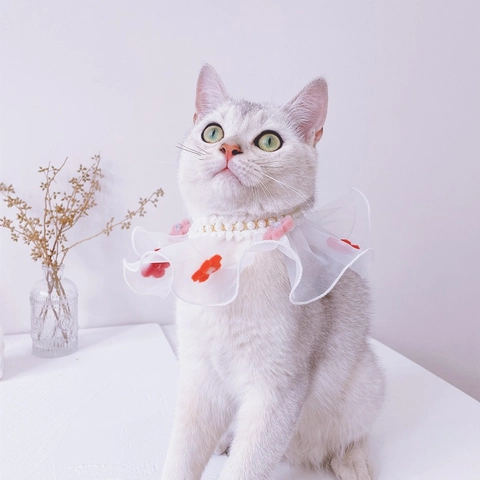 Pet Chiffon Lace Scarf Flower Artificial Pearl Decorative Collar For Cats Small Dogs Summer Thin Sweet Princess Style Neckwear
