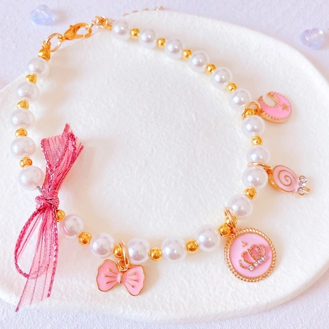 Cute Handmade Pet Artificial Pearl Necklace With Mesh Bow And Colorful Enamel Pendants Adjustable Decorative Collar For Dogs Cats