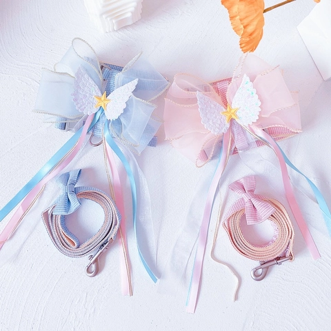 Süßes Französisches H-Förmiges Katzengeschirr Und Leine Set Organza Schleife Kamelie Engelsflügel Pailletten Haustier Weste