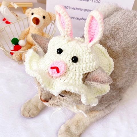 Sombrero de Conejo para Mascotas Hecho a Mano a Ganchillo Lindo Gorro de Punto para Gato Perro Disfraz de Conejito Fiesta