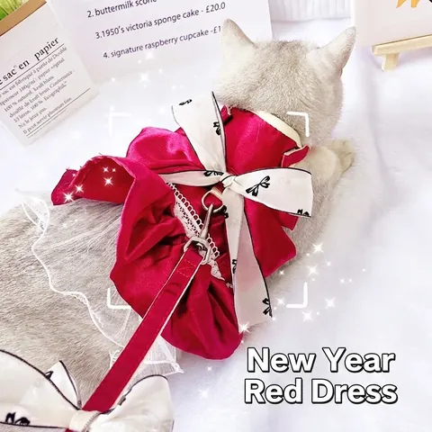 Haustier Katze Hund Prinzessin Kleid Geschirr Leine Set Satin Schleife Spitze Verstellbar Welpen Kätzchen Weste Für Neujahr