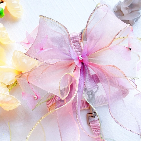 Dromerige Gradiënt Organza Grote Strik Huisdier Harnas en Riem Set voor Katten Kleine Honden Fairy Stijl Verstelbaar