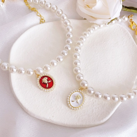 Vintage French Court Style Pet Necklace Artificial Pearl Rose Flower Heart Bow Pendant For Dogs Cats Adjustable Jewelry