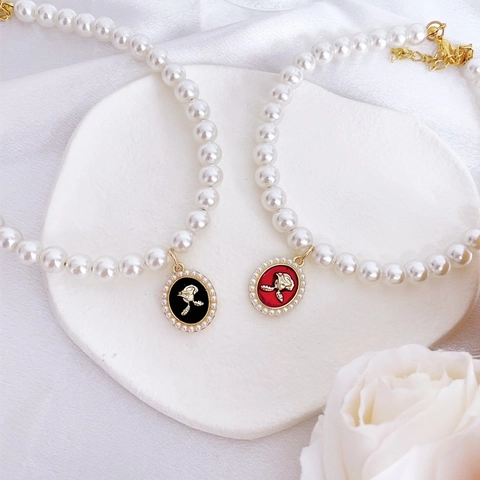 Vintage French Court Style Pet Necklace Artificial Pearl Rose Flower Heart Bow Pendant For Dogs Cats Adjustable Jewelry