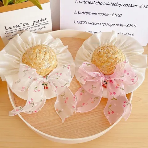 Cappello di Paglia per Animali Domestici con Fiocco e Ciliegie Per Cani Piccoli e Medi Gatti Protezione Solare Fatto a Mano