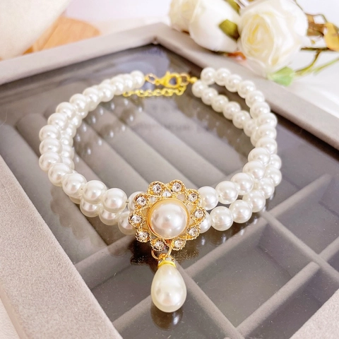 Luxurious Double Layer Artificial Pearl Pet Necklace Rhinestone Pendant Adjustable Jewelry For Small Dogs Cats Birthday Wedding
