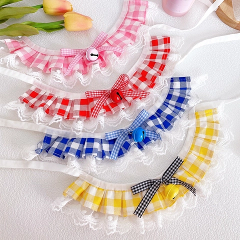 Cute Plaid Pet Bib Lace Trim Bow Dog Cat Collar With Bell Adjustable Cotton Printed Saliva Towel Necktie Jewelry For Puppy Kitten