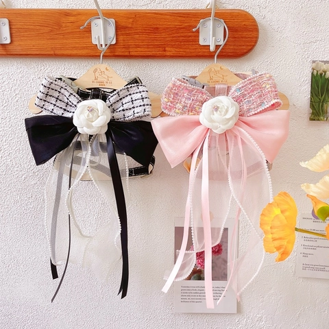 French Lady Style Tweed Camellia Bow Pet Harness Leash Set Adjustable Elegant Dog Cat Traction Rope Outdoor Walking Suit