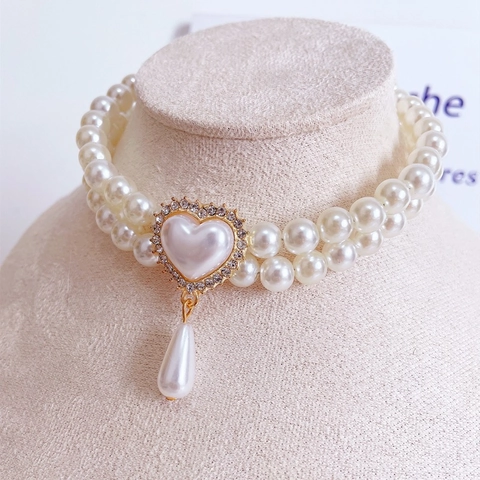 Luxurious Double Layer Artificial Pearl Pet Necklace Rhinestone Pendant Adjustable Jewelry For Small Dogs Cats Birthday Wedding