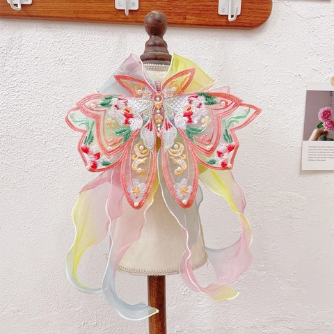 Chinese Style Pet Harness Leash Hanfu Butterfly Embroidery With Artificial Pearls Gradient Organza Streamers For Cats Dogs