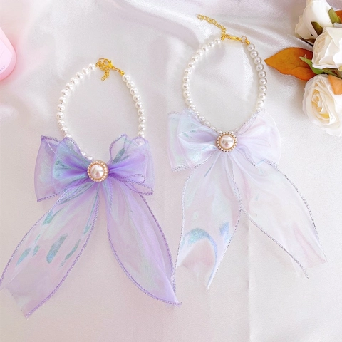 Verstellbare Haustier Perlen Schleife Halskette Organza Schmetterling Halsband Für Kleine Hunde Katzen Hochzeit Party Deko