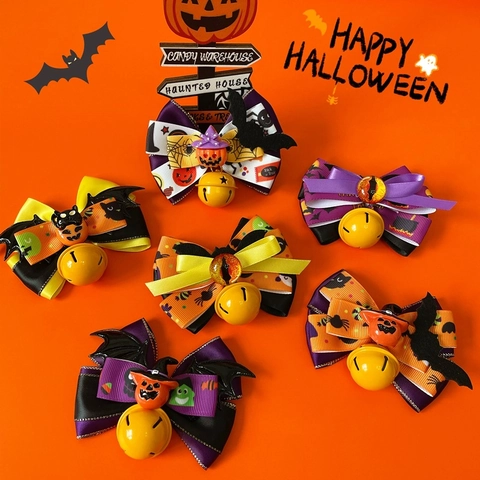 Halloween Pet Bow Tie Collar Adjustable Cat Dog Necktie With Bell Pumpkin Bat Pattern Festive Costume Accessories Gift