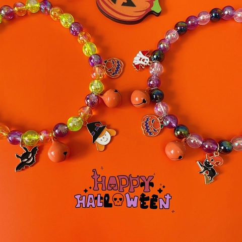 Halloween Huisdier Kralen Ketting Met Pompoen Geest Heks Hanger En Bel Kleurrijke Acryl Sieraden Voor Kleine Honden Katten