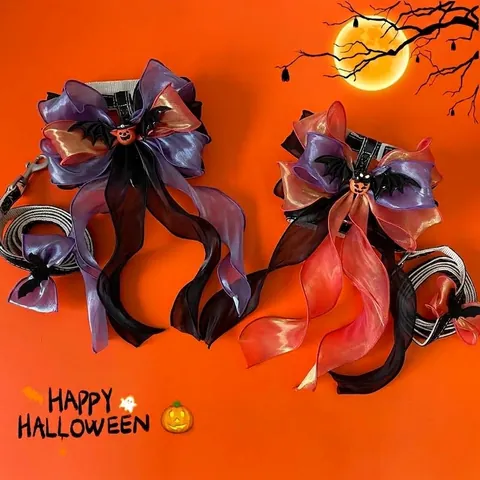 Halloween Haustier Geschirr Leine Mit Großer Schleife Kürbis Fledermaus Deko Verstellbares Polyester Katze Hund Festival Kostüm