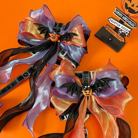 Halloween Haustier Geschirr Leine Mit Großer Schleife Kürbis Fledermaus Deko Verstellbares Polyester Katze Hund Festival Kostüm