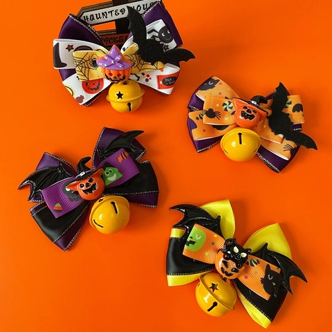 Halloween Pet Bow Tie Collar Adjustable Cat Dog Necktie With Bell Pumpkin Bat Pattern Festive Costume Accessories Gift