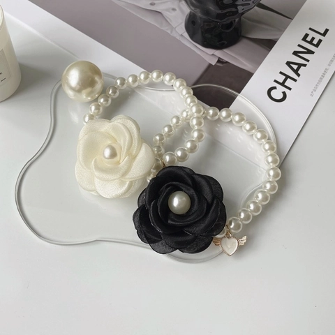 Elegant Camellia Flower Artificial Pearl Pet Necklace French Princess Style Dog Cat Decorative Jewelry Accessory