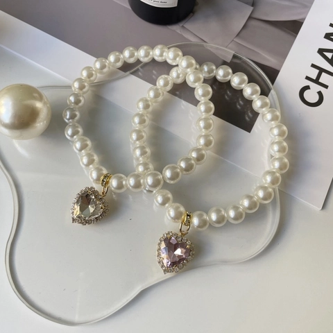 Luxury Heart Pendant Artificial Pearl Pet Necklace Elegant Camellia Crystal Imitation Artificial Pearl Collar For Small Dogs Cats Rabbits Party Jewelry