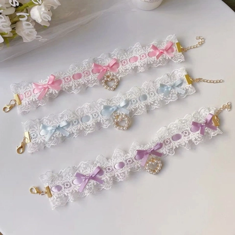 Zoete Lolita Kant Huisdier Halsband Ketting Satijn Strik Hart Kunstparel Hanger Voor Ragdoll Kittens Kleine Honden Katten Accessoire