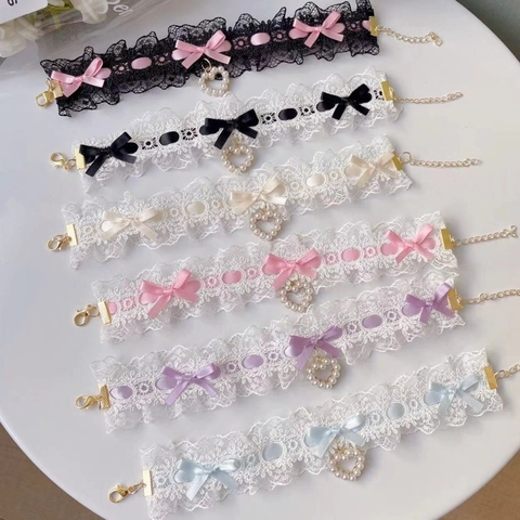 Zoete Lolita Kant Huisdier Halsband Ketting Satijn Strik Hart Kunstparel Hanger Voor Ragdoll Kittens Kleine Honden Katten Accessoire