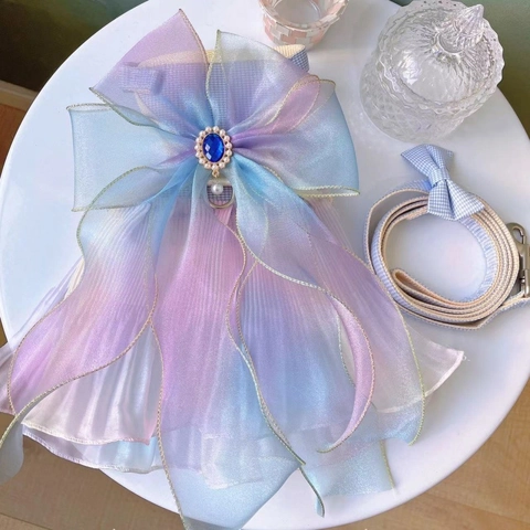 Set Pettorina e Guinzaglio per Animali Mermaid Princess Abito in Organza Sfumata con Fiocco per Gatti e Cani Piccoli