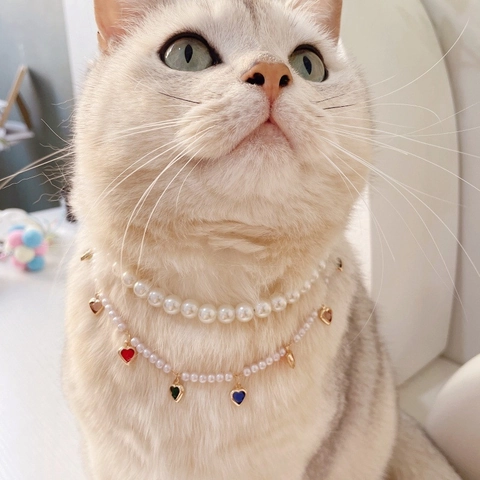Luxurious Double Layer Pet Artificial Pearl Necklace With Rhinestone Tassel Heart Pendant For Cat Dog Birthday Party Decoration