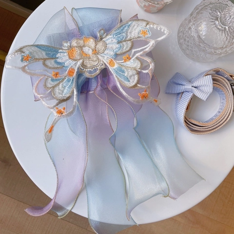 Set Imbracatura Guinzaglio per Animali Ricamato a Farfalla Stile Cinese Sfumatura Organza Imbracatura da Sogno Gatti Cani Piccoli
