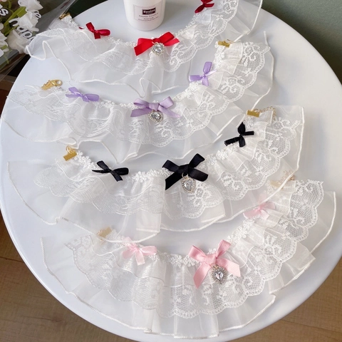 Double Layer Lace Pet Collar Adjustable Princess Style Bow Bib With Heart Rhinestone Pendant For Cats Small Dogs