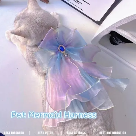 Set Pettorina e Guinzaglio per Animali Mermaid Princess Abito in Organza Sfumata con Fiocco per Gatti e Cani Piccoli