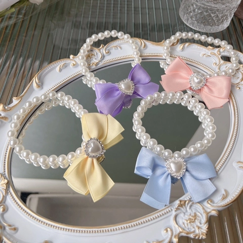 Sweet Bowknot Pet Necklace With Artificial Pearl Satin Ribbon Cute Heart Rhinestone Pet Collar For Small Dogs Cats Puppy Jewelry Decoration