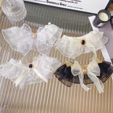 Sweet Bowknot Mesh Lace Pet Collar With Faux Artificial Pearl And Gemstone Elegant Princess Style Cat Dog Decorative Scarf Bib
