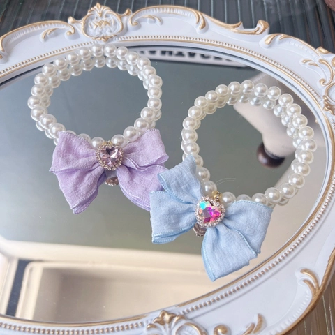 Pet Artificial Pearl Necklace Sweet Bow Heart Crystal Pendant Cat Dog Decorative Neck Collar Jewelry Accessory For Small Medium Pets