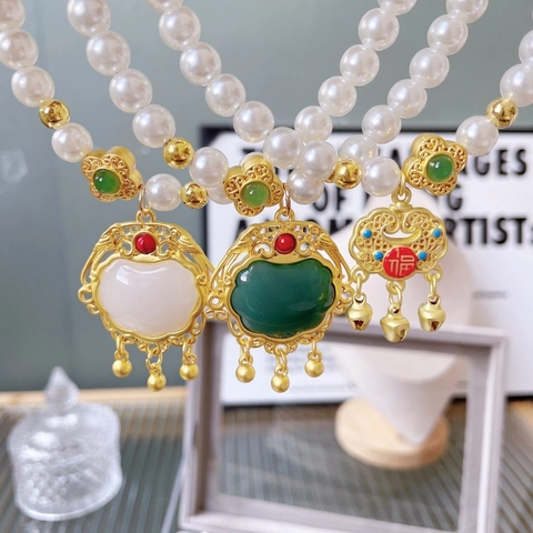 Chinese Stijl Huisdier Parelketting Met Ruyi Slot Hanger Vintage Verstelbaar Kunstparel Kat Hond Decoratie Sieraden