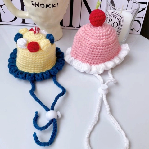 Cute Knitted Pet Birthday Hat For Dogs Cats Woolen Yarn Cherry Cake Shape Small Pet Hat Adjustable Photography Props Accessory