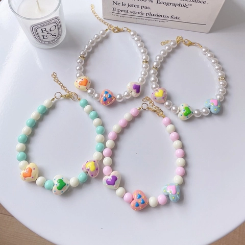 Handmade Pet Necklace With Heart Pendant Artificial Pearl Beads Adjustable Cat Dog Collar Princess Style Jewelry For Puppies Kittens