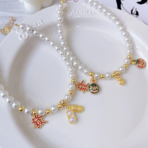 Adjustable Pet Pearl Necklace With Chinese Lucky Mahjong Longevity Lock Pendant Artificial Pearl For Dogs Cats Daily Jewelry